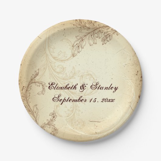 ヴィンテージベージュと茶色のス結婚クロール ペーパープレート (正面)