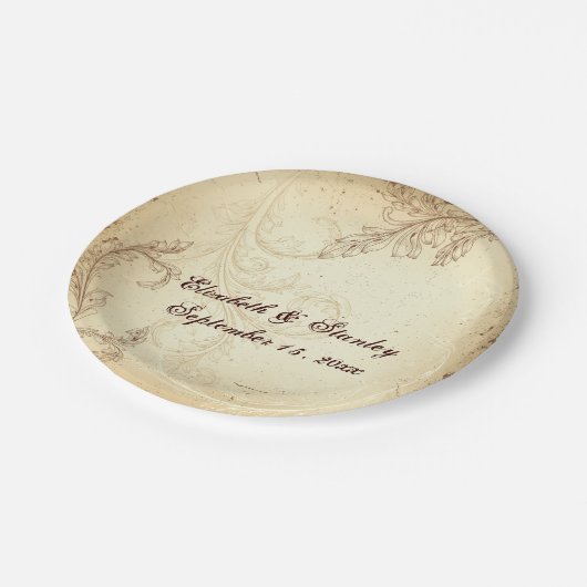 ヴィンテージベージュと茶色のス結婚クロール ペーパープレート (アングル)