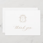 ヴィンテージベージュクレストモノグラム結婚ズ サンキューカード (正面/裏面)