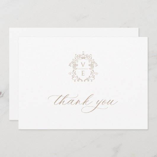 ヴィンテージベージュクレストモノグラム結婚ズ サンキューカード (正面/裏面)