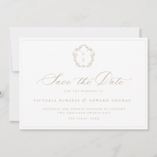 ヴィンテージベージュクレストモノグラム結婚ズ セーブザデート (正面)