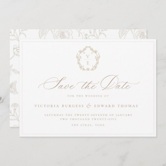 ヴィンテージベージュクレストモノグラム結婚ズ セーブザデート (正面/裏面)