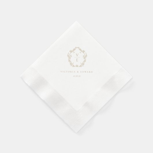 ヴィンテージベージュクレストモノグラム結婚ズ 縁ありカクテルナプキン (角)