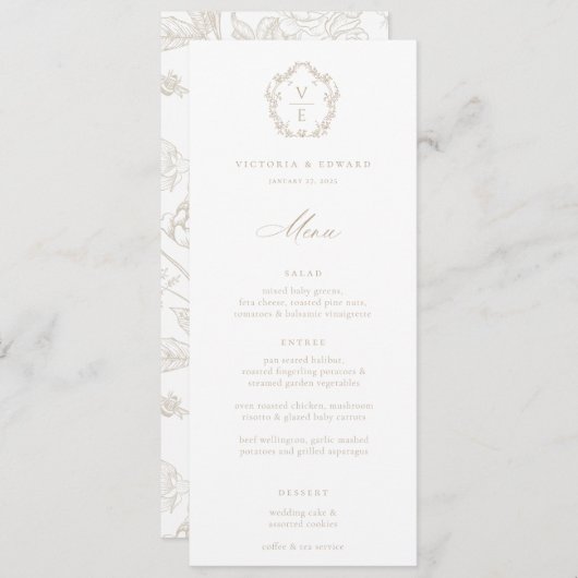 ヴィンテージベージュクレストモノグラム結婚フローラのメニュー 招待状 (正面/裏面)