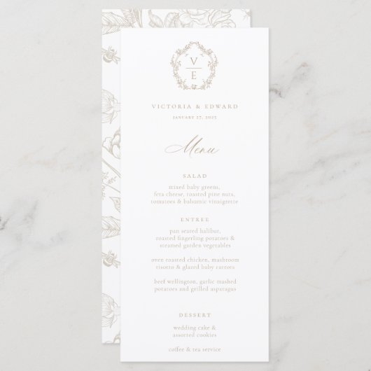 ヴィンテージベージュクレストモノグラム結婚フローラ メニュー (正面/裏面)