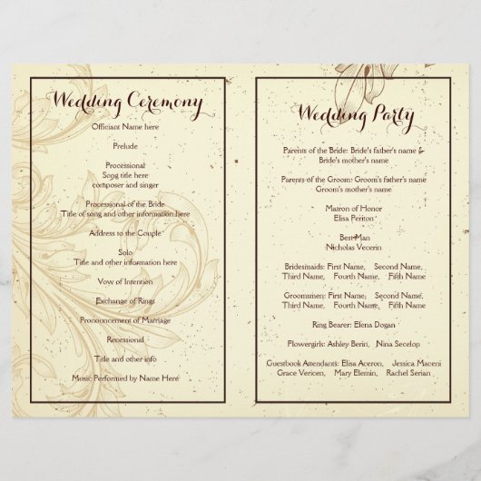 ヴィンテージベージュスクロール葉折りウェディングプログラム (裏面)