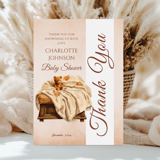 ヴィンテージベージュテディベア赤ちゃんシャワー サンキューカード
