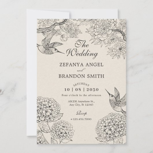 ヴィンテージベージュバードアジサイ結婚の花 招待状 (正面)