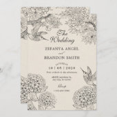 ヴィンテージベージュバードアジサイ結婚の花 招待状 (正面/裏面)