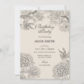 ヴィンテージベージュバードアジサイ花誕生日 招待状 (正面)