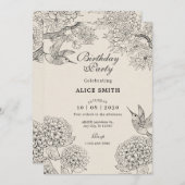 ヴィンテージベージュバードアジサイ花誕生日 招待状 (正面/裏面)