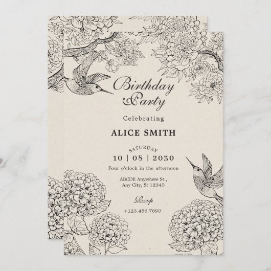 ヴィンテージベージュバードアジサイ花誕生日 招待状 (正面/裏面)