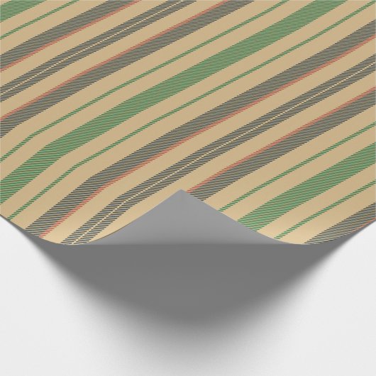 ヴィンテージベージュ赤い緑のパターストライプンのクリスマス ラッピングペーパー (角)