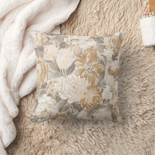 ヴィンテージベージュ金ゴールドグレーエレガントフローラ クッション (ブランケット)