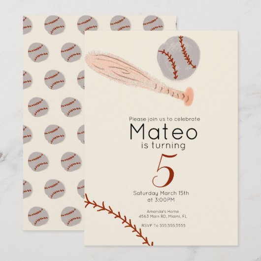 ヴィンテージベースボール誕生日パーティー 招待状 (正面/裏面)