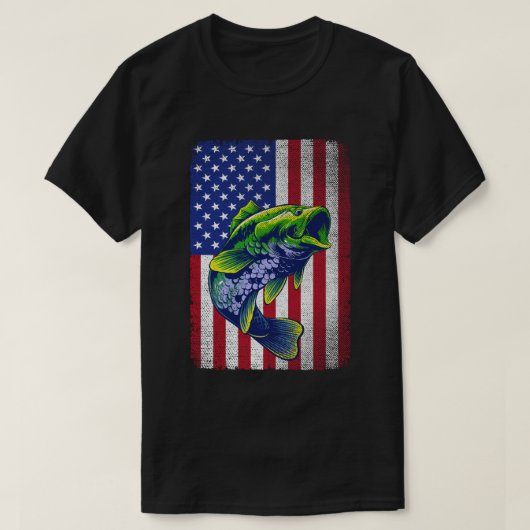 ヴィンテージベース魚釣り7月アメリカ国旗4日 Tシャツ (デザイン正面)