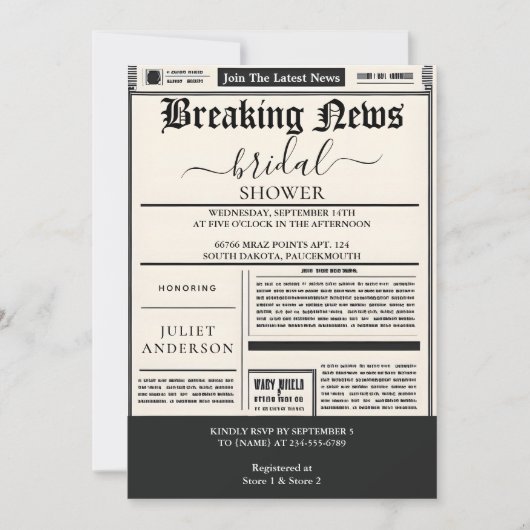 ヴィンテージペイオールドレトロ新聞ブライダルシャワー 招待状 (正面)