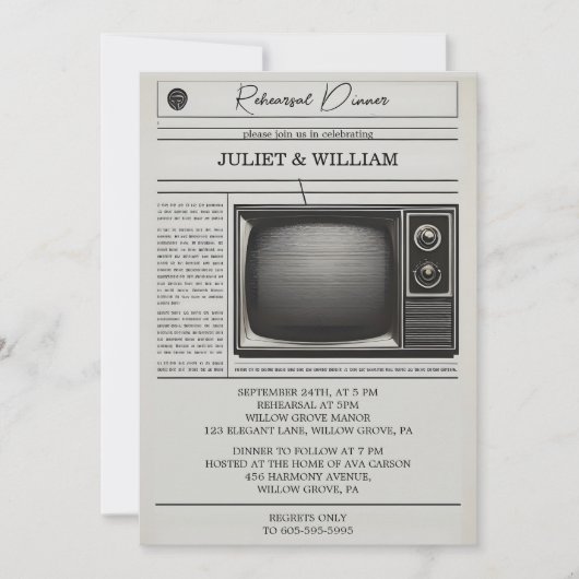 ヴィンテージペイオールドレトロ新聞リハーサルディナー 招待状 (正面)