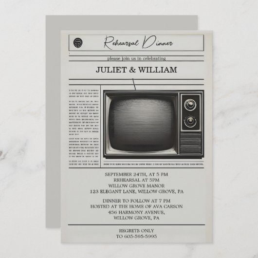 ヴィンテージペイオールドレトロ新聞リハーサルディナー 招待状 (正面/裏面)