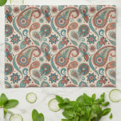 ヴィンテージペイズリーインレッドティール（緑がかった色）クリーム キッチンタオル (折り畳み)