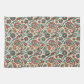 ヴィンテージペイズリーインレッドティール（緑がかった色）クリーム キッチンタオル (横)