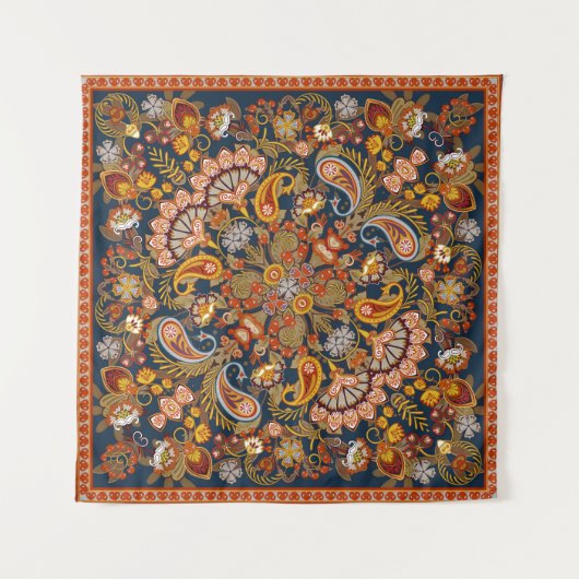 ヴィンテージペイズリーバンダナプリント、シルクネックスカーフ又は タペストリー (正面(横))