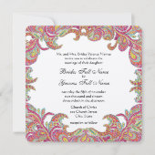 ヴィンテージペイズリーピンク、ラズベリー、ライム結婚式 招待状 (正面)