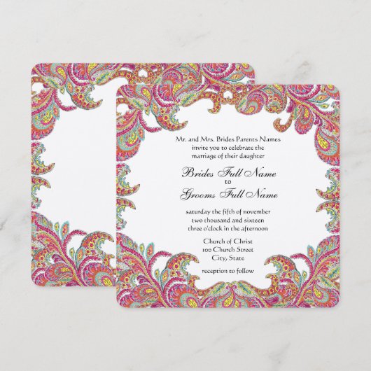 ヴィンテージペイズリーピンク、ラズベリー、ライム結婚式 招待状 (正面/裏面)
