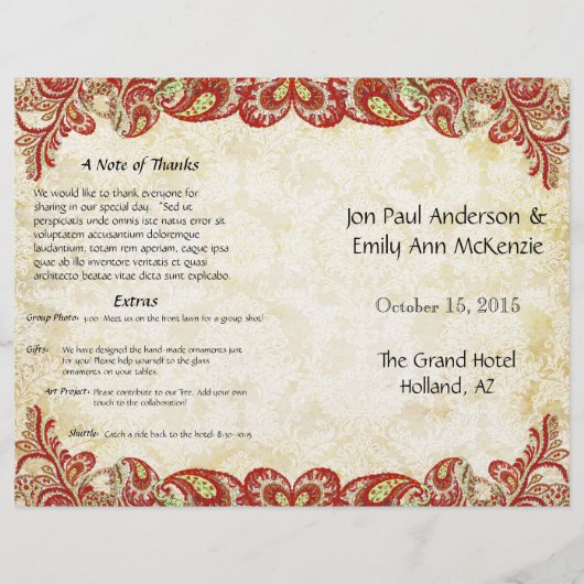 ヴィンテージペイズリーピーコックレッド結婚式 プログラム (正面)