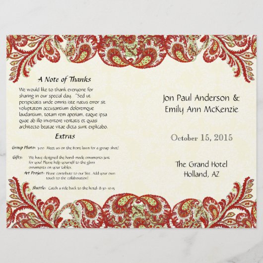 ヴィンテージペイズリーピーコックレッド結婚式 プログラム (正面)