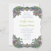 ヴィンテージペイズリーラズベリーとグリーンピーコックカラー 招待状 (正面)