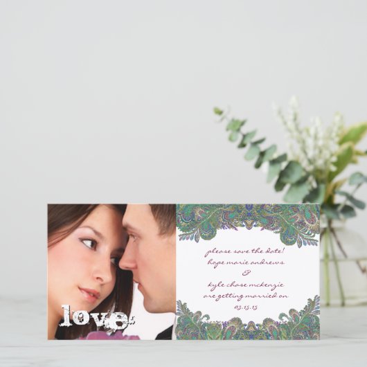 ヴィンテージペイズリー孔雀の色の日付写真を保存 セーブザデート (スタンド正面)