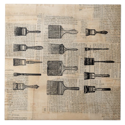 ヴィンテージペイン絵を描トブラシ新聞プリント タイル (正面)