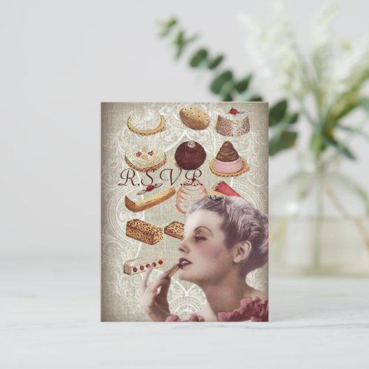 ヴィンテージペストリーブライダルシャワー茶パーティー インビテーションポストカード (スタンド正面)