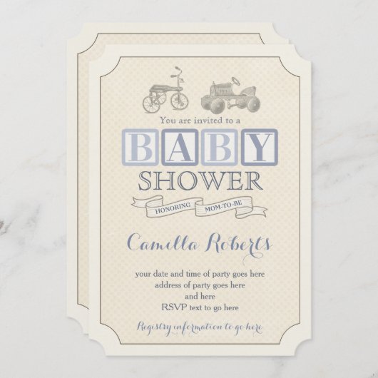 ヴィンテージペダルカーシャワー招待状ブルー&トープ 招待状 (正面/裏面)