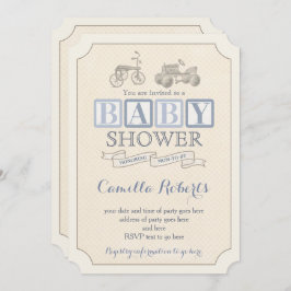 ヴィンテージペダルカーシャワー招待状ブルー&トープ 招待状