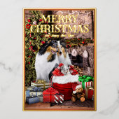 ヴィンテージペットクリスマスイブ、ラフなコリーファミリー –  箔シーズンカード (正面)