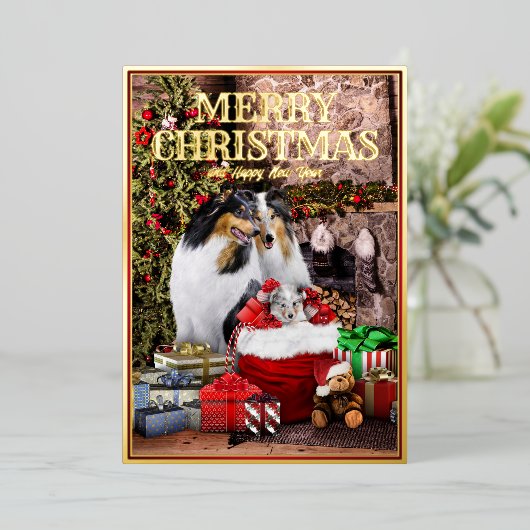 ヴィンテージペットクリスマスイブ、ラフなコリーファミリー – 箔シーズンカード (立ち正面)
