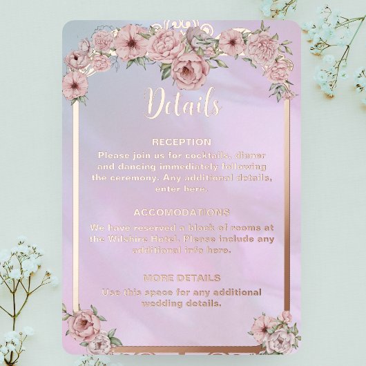 ヴィンテージペリウィンクルピンク牡丹フォイルエンクロージャカード 箔招待状