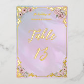 ヴィンテージペリウィンクル牡丹フォイルテーブル番号カード 箔招待状 (正面)