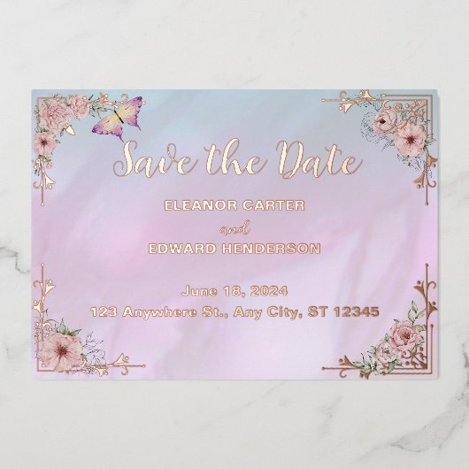 ヴィンテージペリウィンクル牡丹フォイル日付カードを保存 箔招待状 (正面)