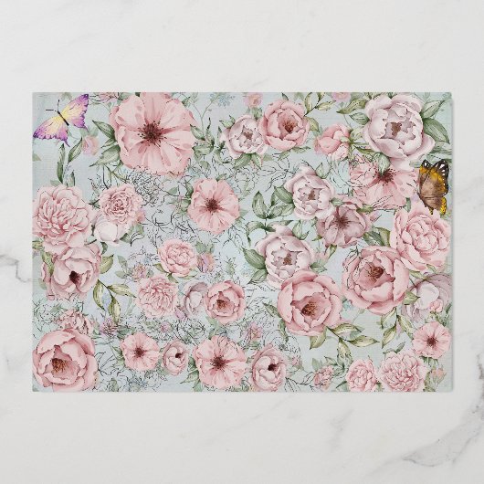 ヴィンテージペリウィンクル牡丹フォイル日付カードを保存 箔招待状 (裏面)