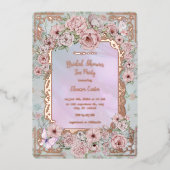 ヴィンテージペリウィンクル牡丹ブライダルシャワー茶パーティー 箔招待状 (正面)