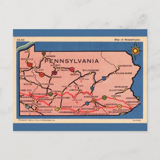 ヴィンテージペンシルバニアの地図 ポストカード (正面)