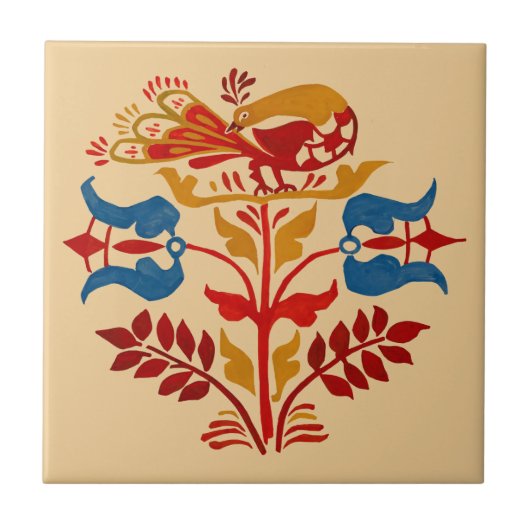 ヴィンテージペンシルバニアフォークアートバードオンフラワー タイル (正面)