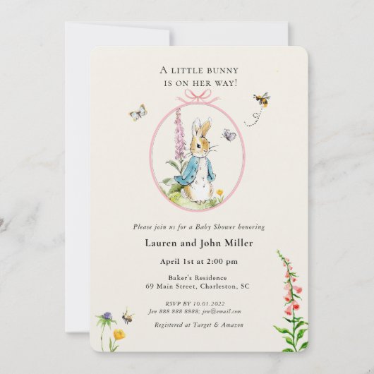 ヴィンテージペーターラビットピンク赤ちゃんガールシャワー 招待状 (正面)