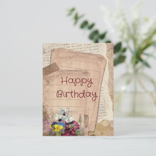 ヴィンテージペーパーと花のハッピーバースデー ポストカード (スタンド正面)