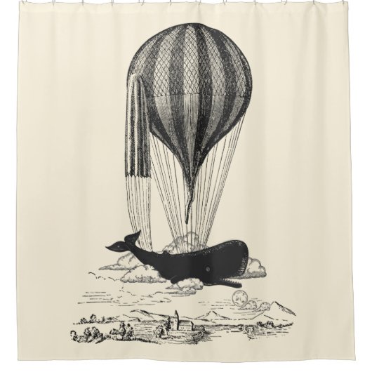 ヴィンテージホエール恋人イラストレーション シャワーカーテン (正面)