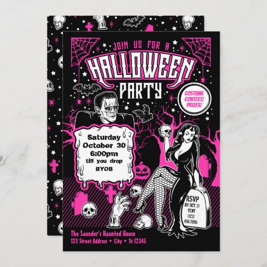 ヴィンテージホラー大人ハロウィーンの衣装パーティー 招待状 (正面/裏面)