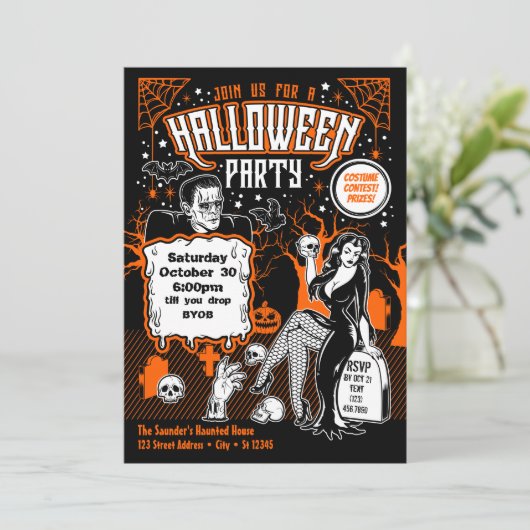 ヴィンテージホラー大人ハロウィーンの衣装パーティー 招待状 (スタンド正面)